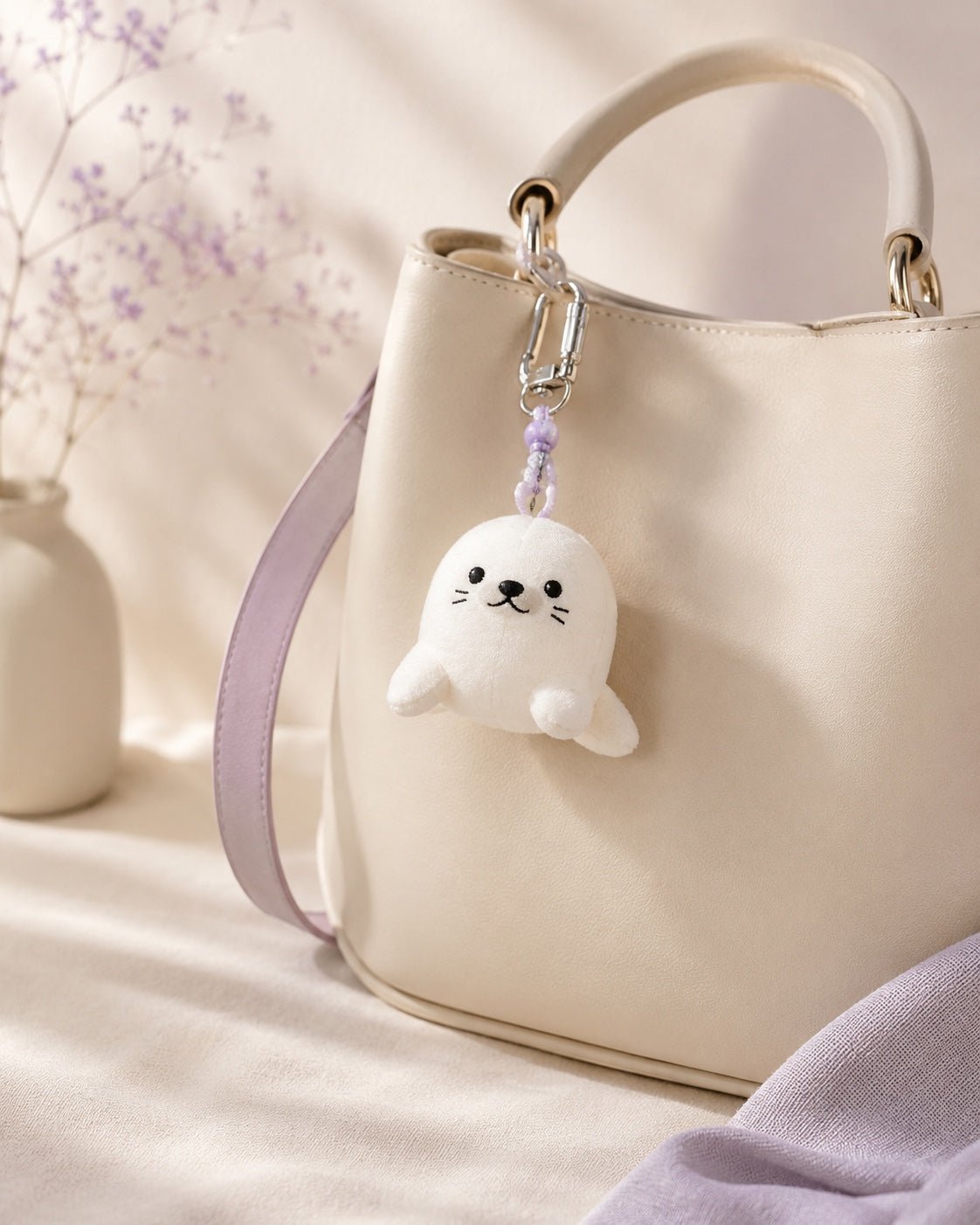 White seal plush bag charm clipped to a cream handbag